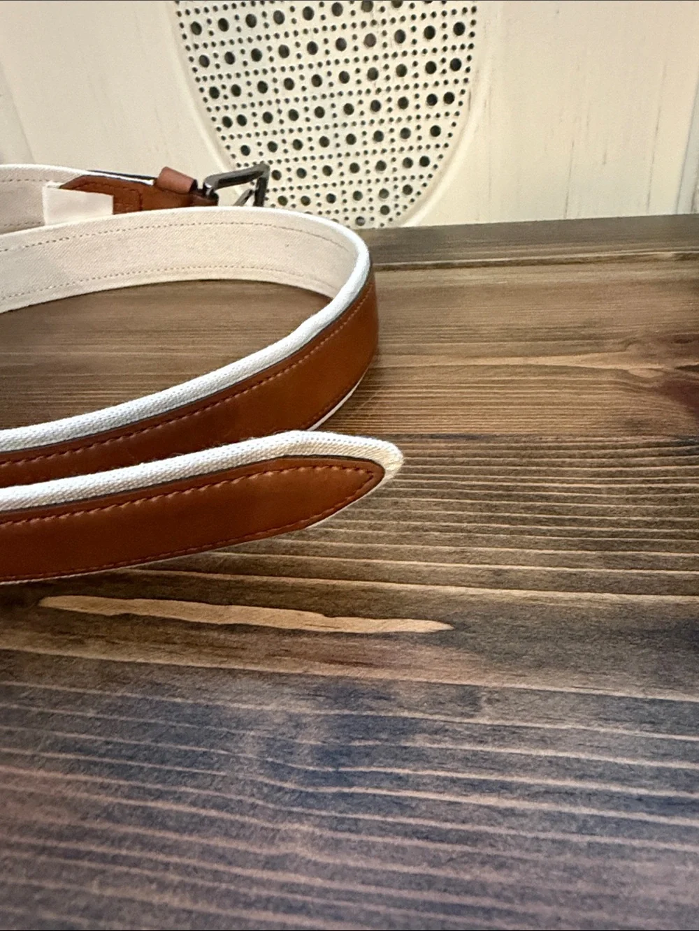 Tommy Hilfiger Tan Leather-Trim White Canvas Belt M